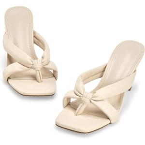 Coutgo Womens Thong Heels Mules Square Toe Heeled Flip Flops Mule Sexy Stiletto Dress Party Sandals(Nude)