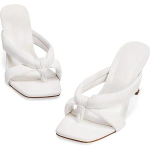 Coutgo Womens Thong Heels Mules Square Toe Heeled Flip Flops Mule Sexy Stiletto Dress Party Sandals(White)