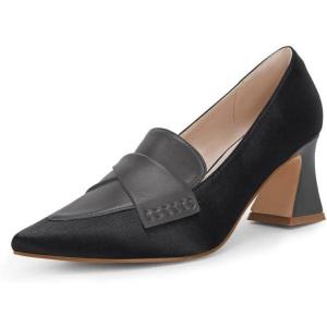 Women’s Chunky Block Low Heels Pumps Stitching Retro Work Office Dress Shoes(Black)