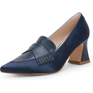 Women’s Chunky Block Low Heels Pumps Stitching Retro Work Office Dress Shoes(Dark Blue)