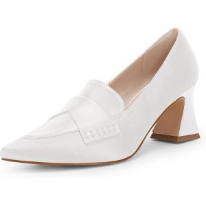Women’s Chunky Block Low Heels Pumps Stitching Retro Work Office Dress Shoes(White)