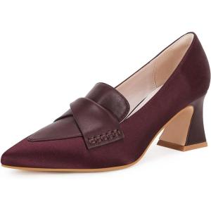Women’s Chunky Block Low Heels Pumps Stitching Retro Work Office Dress Shoes(Wine Red)