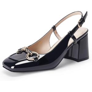 Womens Slingback Block Heels Closed Square Toe Dress Work Shoes Slip on Buckle Strap Business Pumps(Cool Black)