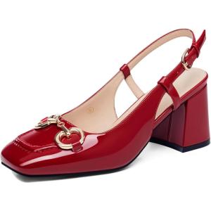 Womens Slingback Block Heels Closed Square Toe Dress Work Shoes Slip on Buckle Strap Business Pumps(Red)