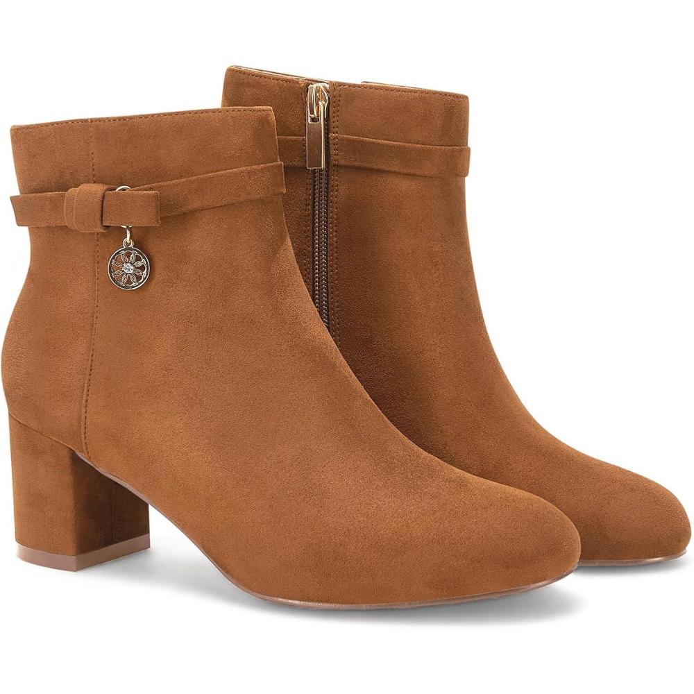 imageCoutgo Womens Ankle Boots Chunky Block Low Heel Vintage Tie Knot Booties Shoes with Side ZipperBrown
