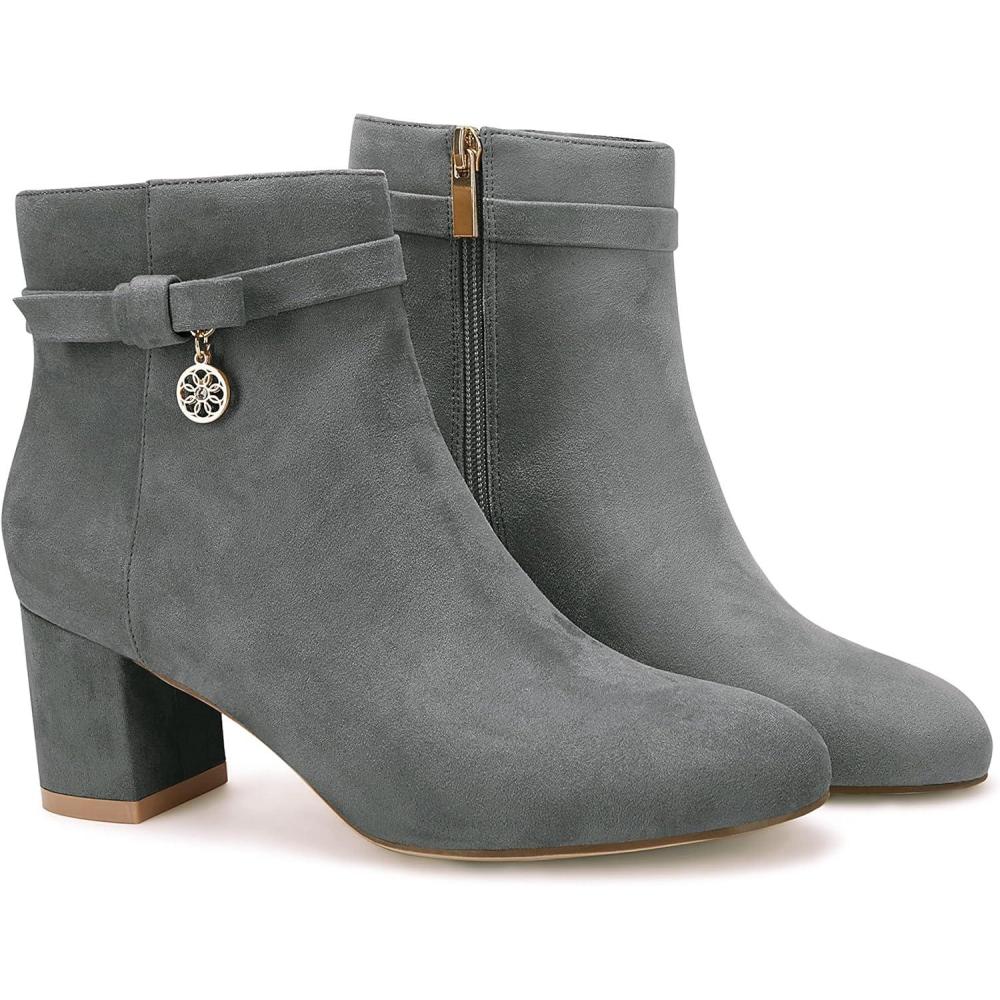 imageCoutgo Womens Ankle Boots Chunky Block Low Heel Vintage Tie Knot Booties Shoes with Side ZipperGrey
