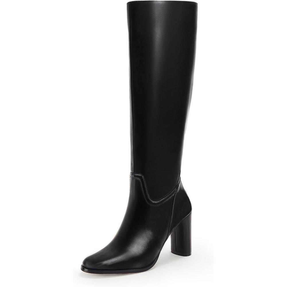 imageCoutgo Womens Knee High Boots Pointed Toe Chunky Heel Boot Side Zipper Winter Long BootsBlack