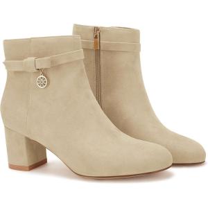 Coutgo Women’s Ankle Boots Chunky Block Low Heel Vintage Tie Knot Booties Shoes with Side Zipper(Beige)