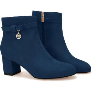 Coutgo Women’s Ankle Boots Chunky Block Low Heel Vintage Tie Knot Booties Shoes with Side Zipper(Navy)
