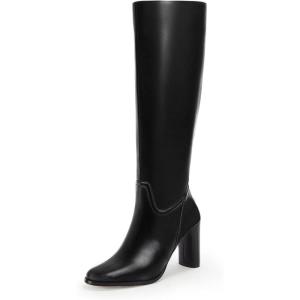 Coutgo Womens Knee High Boots Pointed Toe Chunky Heel Boot Side Zipper Winter Long Boots(Black)