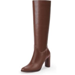 Coutgo Womens Knee High Boots Pointed Toe Chunky Heel Boot Side Zipper Winter Long Boots(Brown)