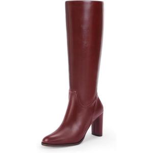 Coutgo Womens Knee High Boots Pointed Toe Chunky Heel Boot Side Zipper Winter Long Boots(Reddish Brown)