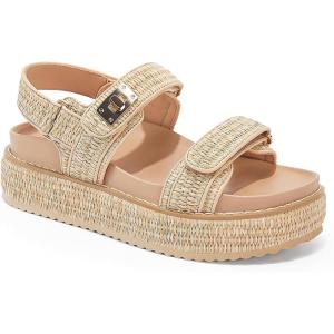 Coutgo Womens Platform Sandals Comfortable Flat Sandals Double Strap Footbed Summer Beach Sandals(Natural Raffia)