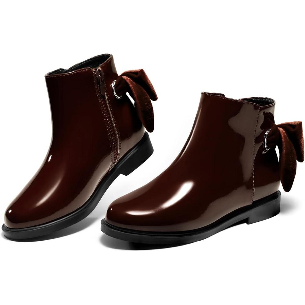 imageCoutgo Girls Ankle Boots Kids Bow Chunky Low Heel Side Zipper Dress Booties Fashion Fall ShoesDark Brown