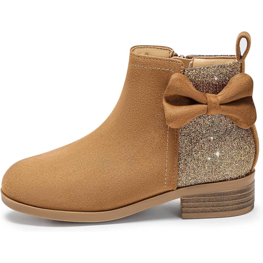 imageCoutgo Girls Bow Glitter Ankle Boots Side Zipper Low Heel Short Booties Dress ShoesBrown