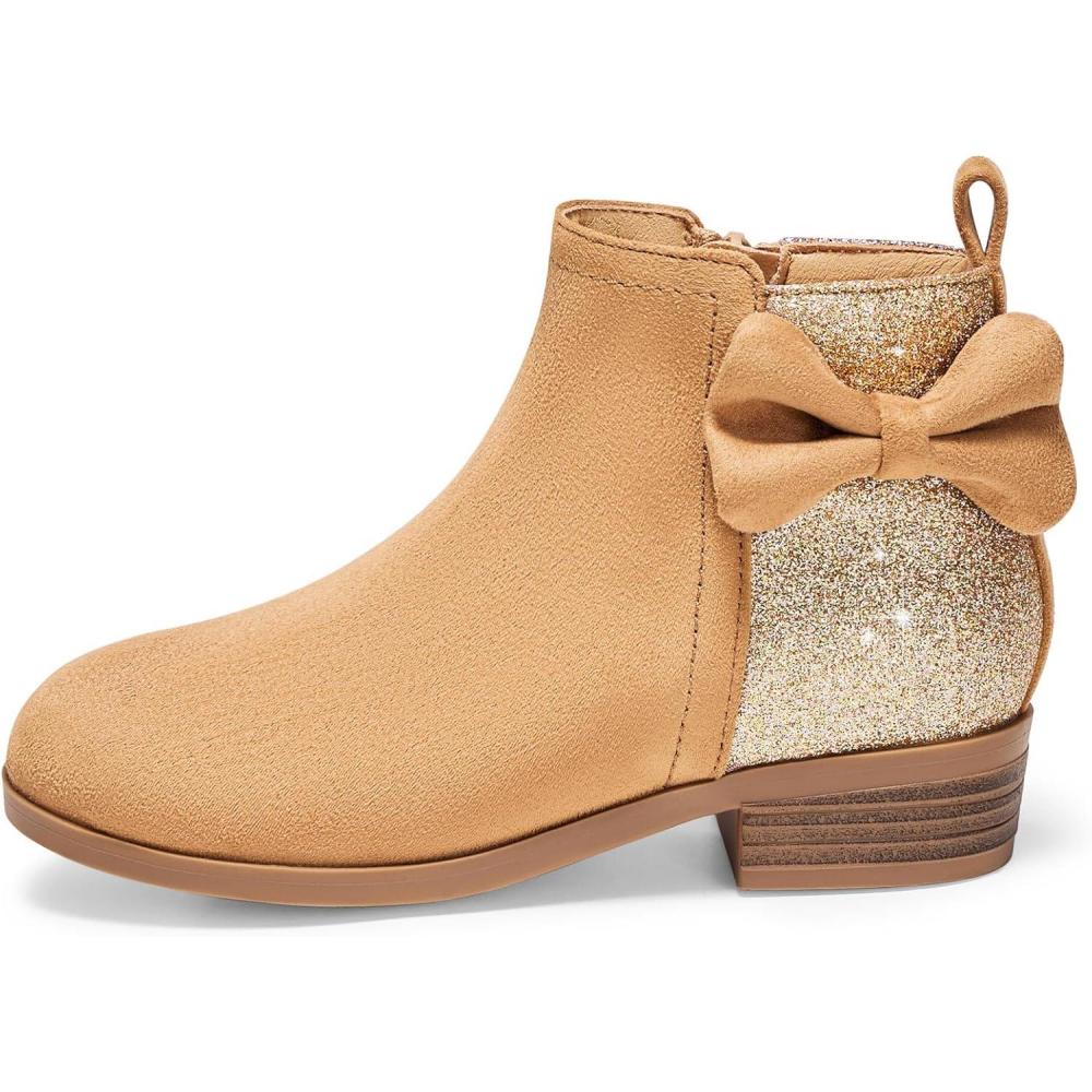imageCoutgo Girls Bow Glitter Ankle Boots Side Zipper Low Heel Short Booties Dress ShoesLight Brown