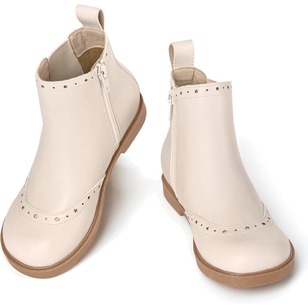 imageCoutgo Girls Chelsea Ankle Boots Side Zipper Comfortable Combat Dress Booties for ToddlerLittle KidBig KidsOffwhite