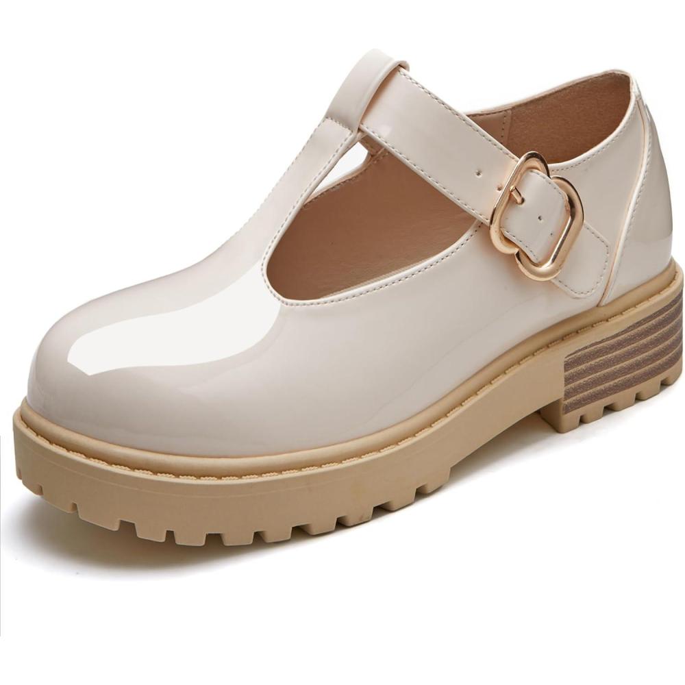 imageCoutgo Girls Mary Jane Dress Shoes Platform Loafers School Uniform Chunky Heel Closed Toe TStrap FlatsBeige