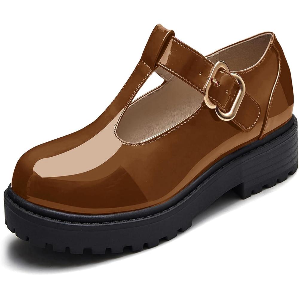 imageCoutgo Girls Mary Jane Dress Shoes Platform Loafers School Uniform Chunky Heel Closed Toe TStrap FlatsDark Brown