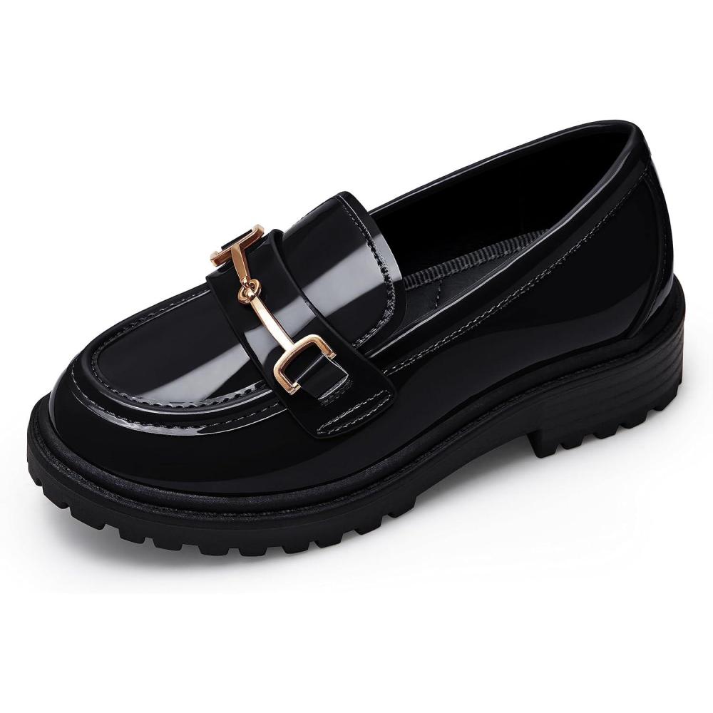 imageCoutgo Girls Platform Loafers Slip On Chain Chunky Heel Leather Flats Round Toe School Uniform Dress ShoesBlack