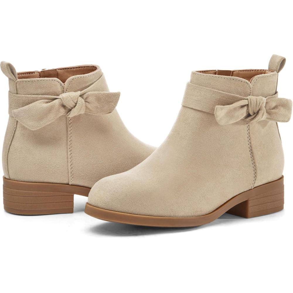 imageCoutgo Girls Toddler Bow knot Ankle Boots Low Chunky Heel Side Zipper Cute Dress Booties Little Big KidBeige