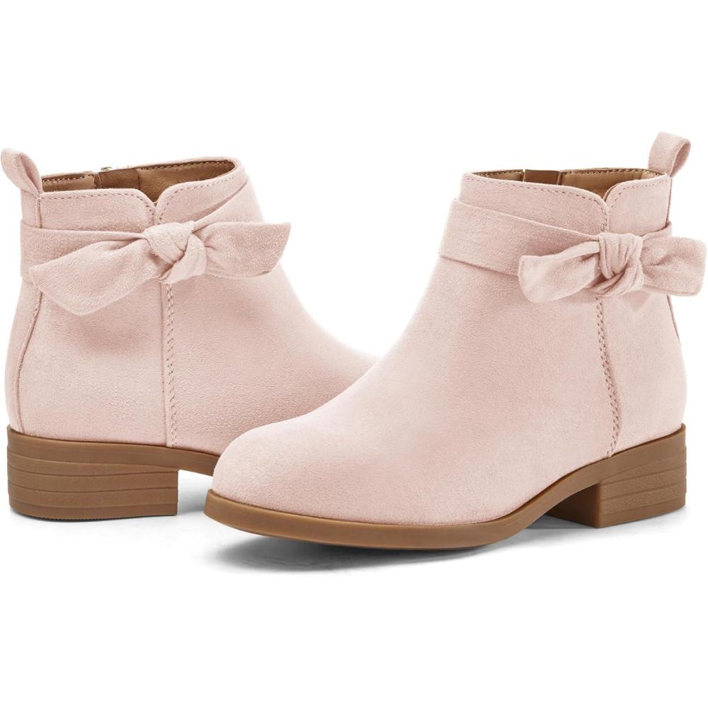 imageCoutgo Girls Toddler Bow knot Ankle Boots Low Chunky Heel Side Zipper Cute Dress Booties Little Big KidPink