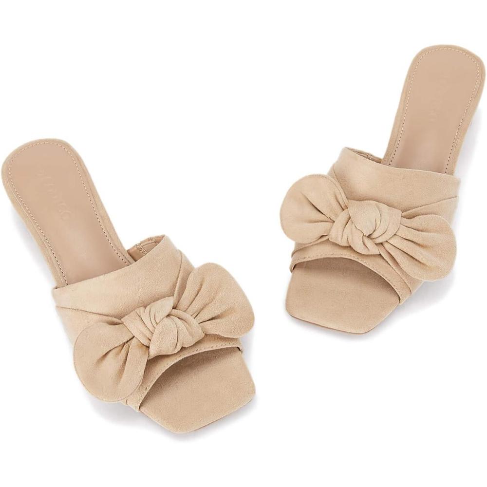 imageCoutgo Womens Bow Slides Sandals Wide Width Slip On Chunky Low Heels Square Open toe Elagant Summer ShoesKhaki