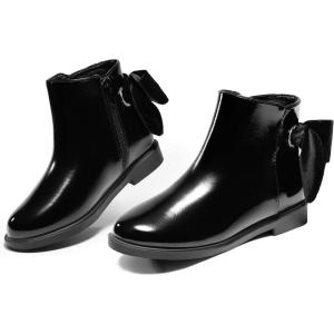 Coutgo Girls Ankle Boots Kids Bow Chunky Low Heel Side Zipper Dress Booties Fashion Fall Shoes(Black)