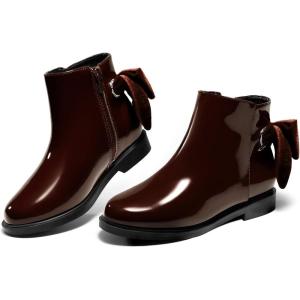 Coutgo Girls Ankle Boots Kids Bow Chunky Low Heel Side Zipper Dress Booties Fashion Fall Shoes(Dark Brown)
