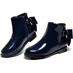 Coutgo Girls Ankle Boots Kids Bow Chunky Low Heel Side Zipper Dress Booties Fashion Fall Shoes(Navy Blue)