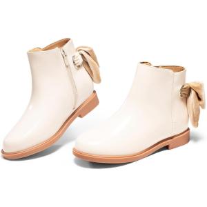 Coutgo Girls Ankle Boots Kids Bow Chunky Low Heel Side Zipper Dress Booties Fashion Fall Shoes(Off-white)