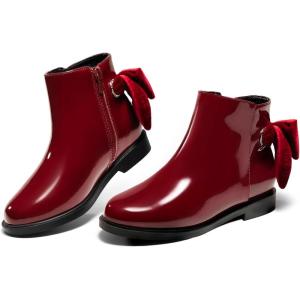 Coutgo Girls Ankle Boots Kids Bow Chunky Low Heel Side Zipper Dress Booties Fashion Fall Shoes(Wine Red)