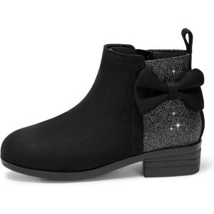 Coutgo Girls Bow Glitter Ankle Boots Side Zipper Low Heel Short Booties Dress Shoes(Black)
