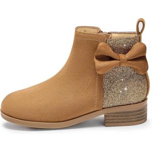 Coutgo Girls Bow Glitter Ankle Boots Side Zipper Low Heel Short Booties Dress Shoes(Brown)