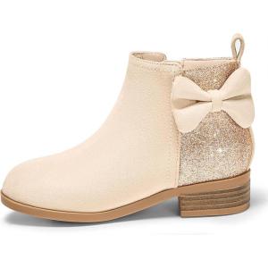 Coutgo Girls Bow Glitter Ankle Boots Side Zipper Low Heel Short Booties Dress Shoes(Nude)