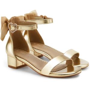 Coutgo Girl’s Bow Tie Heeled Sandals Open Toe Chunky Low Heel Rhinestone Princess Dress Shoes(Gold)