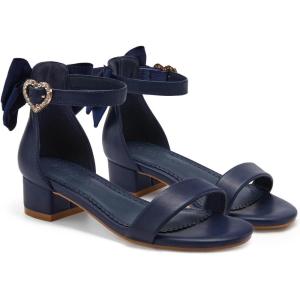 Coutgo Girl’s Bow Tie Heeled Sandals Open Toe Chunky Low Heel Rhinestone Princess Dress Shoes(Navy)