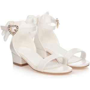 Coutgo Girl’s Bow Tie Heeled Sandals Open Toe Chunky Low Heel Rhinestone Princess Dress Shoes(White)