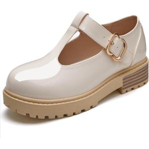 Coutgo Girls Mary Jane Dress Shoes Platform Loafers School Uniform Chunky Heel Closed Toe T-Strap Flats(Beige)