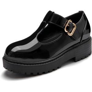 Coutgo Girls Mary Jane Dress Shoes Platform Loafers School Uniform Chunky Heel Closed Toe T-Strap Flats(Black)