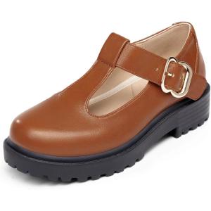 Coutgo Girls Mary Jane Dress Shoes Platform Loafers School Uniform Chunky Heel Closed Toe T-Strap Flats(Brown)