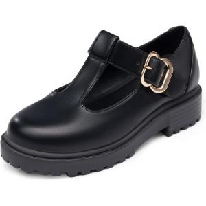 Coutgo Girls Mary Jane Dress Shoes Platform Loafers School Uniform Chunky Heel Closed Toe T-Strap Flats(Cool Black)
