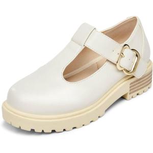 Coutgo Girls Mary Jane Dress Shoes Platform Loafers School Uniform Chunky Heel Closed Toe T-Strap Flats(Cream White)