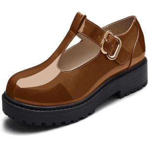 Coutgo Girls Mary Jane Dress Shoes Platform Loafers School Uniform Chunky Heel Closed Toe T-Strap Flats(Dark Brown)