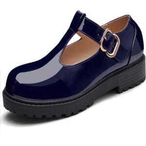 Coutgo Girls Mary Jane Dress Shoes Platform Loafers School Uniform Chunky Heel Closed Toe T-Strap Flats(Navy)