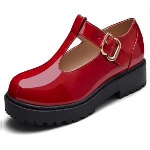 Coutgo Girls Mary Jane Dress Shoes Platform Loafers School Uniform Chunky Heel Closed Toe T-Strap Flats(Red)