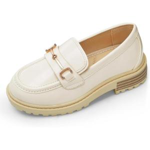 Coutgo Girl’s Platform Loafers Slip On Chain Chunky Heel Leather Flats Round Toe School Uniform Dress Shoes(Beige)