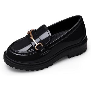 Coutgo Girl’s Platform Loafers Slip On Chain Chunky Heel Leather Flats Round Toe School Uniform Dress Shoes(Black)