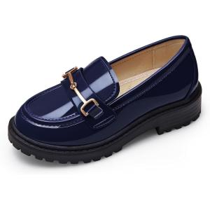 Coutgo Girl’s Platform Loafers Slip On Chain Chunky Heel Leather Flats Round Toe School Uniform Dress Shoes(Navy)