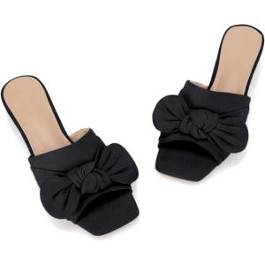 Coutgo Womens Bow Slides Sandals Wide Width Slip On Chunky Low Heels Square Open toe Elagant Summer Shoes(Black)
